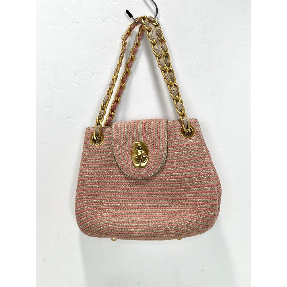 Eric Javits Pink Gold Striped Shoulder Bag Turn Lock Chain Strap *tarnish good‎